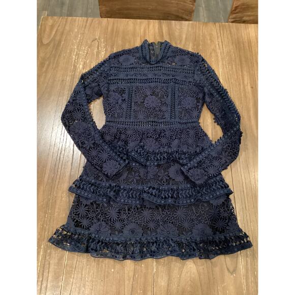 SELF PORTRAIT navy Ava Guipure Lace cut tiered long sleeve Mini Dress size 6 - Picture 12 of 12